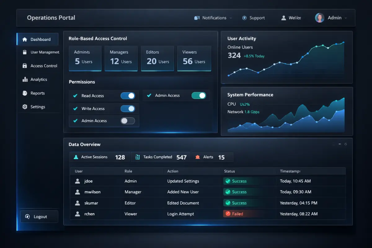 Web Application Dashboard - Operations Portal with role-based access and real-time analytics - WebDeveloper.com.my