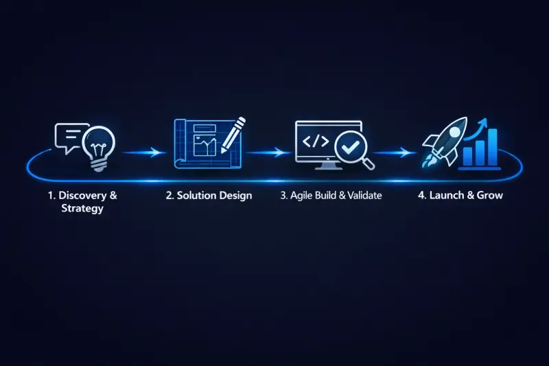 Our delivery process - Discovery, Solution Design, Agile Build, Launch and Grow - WebDeveloper.com.my